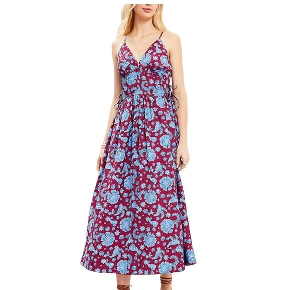 LOFT Dresses & Skirts - Loft Floral Side Tie Midi Pocket Dress 14P NEW Tiered Stretch Bodice Red Blue